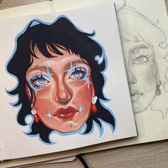 a drawing of a woman's face with blue eyes and piercings on it