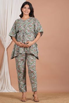 Printed Top And Pajama Set With Belt Pregnancy Wear Set Maternity Wear Set Loungewear Set Top And Pant Set Gift For Her Printed Top And Pajama Set. Feeding Top with Concealed Zip for Ease in Nursing. Breastfeeding Access with Zip. Pants have Half Waist Belt and Half Elastic for Comfort Fit. 100% Cotton Fabric. Top Size -XS, S, M, L, XL, 2XL, 3XL, 4XL. Pant Size -XS, S, M, L, XL, 2XL, 3XL, 4XL. Package Contents -1 Top 1 Pant. Hand block Print Fabric.  Customisation Can be Done.  Wash Care :  Do N Cotton Nursing Friendly Sleepwear, Nursing Friendly Cotton Sleepwear, Floral Print Loungewear Sets, Cotton Nursing Friendly Sleepwear For Maternity, Luxury Floral Print Loungewear Set, Cotton Maternity Sleepwear Nursing Friendly, Floral Maternity Bra And Bottom Set, Feeding Tops, Spring Floral Print Multicolor Sleepwear