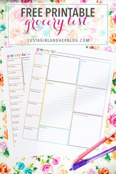 the free printable grocery list is on top of a floral background with a pink pen and