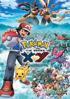 the pokemon x and y movie poster with various characters in front of them, including pikachu