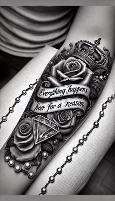 a black and white photo of a woman's arm with tattoos on it that says everything happens here for a reason