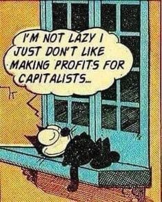 a comic strip with an image of a cat sleeping on the window sill, saying i'm not lazy just don't like making profits for capitalism