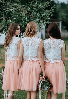 "Separate THIS LACE TOP with 3 sleeves length here - https://www.etsy.com/StylishBrideAccs/listing/710603934/alyssa-lace-crop-top-in-18-colors-soft ?!HOW TO ORDER?! - left notice in order All orders we made on order by individual measurements. You can select approximately sizes in drop down menu and don't worry, after order we will contact you to confirm all measurements and all details ( size, colors, sleeve length, lace pattern, lace color, silk cami color, skirt length, waistband etc.) For se Sleeveless Two-piece Summer Wedding Dress, Summer Party Skirt With Lace Top, Spring Lace Bridesmaid Dress, Feminine Sleeveless Bridesmaid Dress For Wedding, Pink Sleeveless Lace Trim Set, White Sleeveless Bridesmaid Dress For Summer, Fitted Bridesmaid Sets, White Bridesmaid Skirt For Spring, White Sleeveless Two-piece Dress