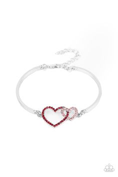 Encrusted in dainty red and pink rhinestones, a charming pair of interlocking heart frames attach to two silver bars around the wrist, creating a flirty bangle-like bracelet. Features an adjustable clasp closure. Sold as one individual bracelet. 2/5/2021 Paparazzi Jewelry Images, Bangles Making, Hot Jewelry, Heart Frame, Paparazzi Accessories, Rhinestone Heart, Chic Jewelry, Silver Bars, Paparazzi Jewelry