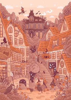 an illustration of a town with lots of houses and cats on the street in front of it