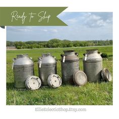 old metal pots and pans sitting on the grass in front of an open field