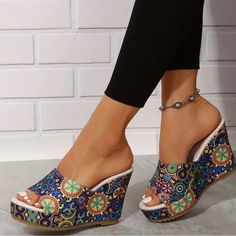 Women's Floral Printed Wedge Sandals, Tribal Style Peep Toe Heels Slingback, Womens Shoes Wedges, Floral Printed, Platform Sandals, Wedge Sandals, Blue Green, High Heels, Wedges, Floral Prints