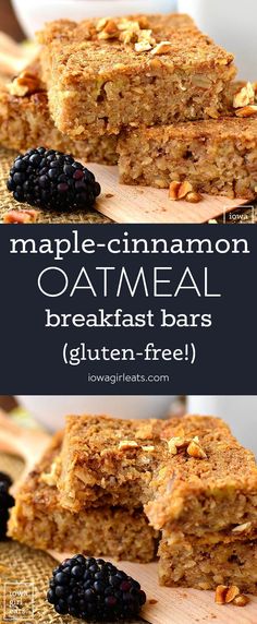 maple - cinnamon oatmeal breakfast bars stacked on top of each other with blackberries