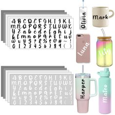 various font and numbers are shown with the same type of phone case as well as other items