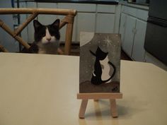 a black and white cat sitting on top of a table next to an easel