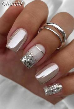 Shipping: Worldwide Express Shipping Available Delivery time: Acrylic Nail Designs Chrome, Square Nail Designs Winter, Classy Bridesmaid Nails, Silver Nails Glitter, Silver And White Nails, Short Nails Square, Embellished Nails, Square Gel Nails, Classy Nail Art Ideas