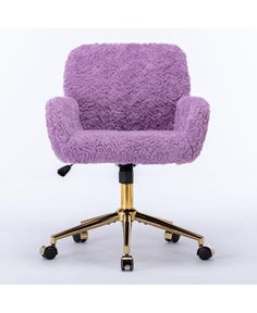 a purple chair sitting on top of a metal base