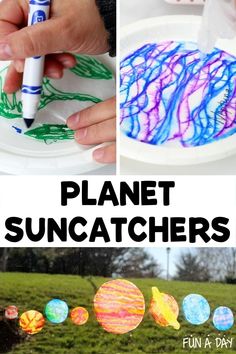 some paper plates that have been painted with suncatchers on them and the words, planet suncatchers fun at day