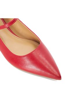 A pointy toe stylishly updates a chic flat with a patent finish and adjustable mary jane strap. Adjustable strap with buckle closure Leather upper and lining/rubber sole Made in Brazil Pointed Toe Mary Jane Flats With Heel Strap, Pointed Toe Mary Jane Flats For Evening, Mary Jane Pointed Toe Flats For Evening, Red Leather Pointed Toe Flats, Red Ankle Strap Flats, Red Pointed Toe Flats For Evening, Chic Flats, Dune London, Mary Jane Flats