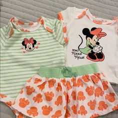 Set Of Three Disney Pieces Of Clothing All Matching Six Months Green Cotton Sets With Character Print, Cute Sets With Character Print For Playwear, Cute Character Print Playwear Sets, Cute Playwear Sets With Character Print, Playful Mickey Mouse Cotton Sets, Playful Green Sets With Character Print, Cute Mickey Mouse Cotton Sets, Cute Cotton Mickey Mouse Sets, Fun Green Cotton Set