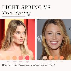 Light Spring VS True Spring comparison 🤍 . #coloranalysis #colouranalysis #lightspring #truespring #warmspring #margotrobbie #blakelively #coloranalyst Light Spring Vs Warm Spring, Soft Autumn Vs Light Spring, Warm Spring Celebrities, True Spring Celebrities, True Spring Hair Color, Light Spring Celebrities, Warm Spring Hair Color, Season Analysis, True Spring Color Palette