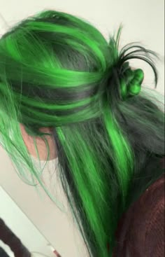 I Love Women Round Pfp, Green Under Black Hair, Electric Blue And Purple Hair, Crazy Colored Hair Ideas, Chunky Green Highlights In Black Hair, Black And Green Skunk Stripe Hair, Hair Inspo Color Green, Cute Hairstyles Color, Green Hair Dye Ideas For Brunettes