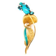 Free Form Mid-Century Jeweled Brooch. Beautiful Piece With The Abstraction Design Of A Flamenco Dancer Or A Carnivalesque Figure. This Piece Was Made In Spain, During The Mid-Century Period, Circa 1960. It Is An Unique Brooch Crafted In Solid Yellow Gold Of 18 Karats, Finished With Florentine Technique And With Applications Of Turquoise Blue Hot Enamel. Suited, With White Gold Settings For The Gemstones And With A Double Hinged Vertical Pins To Wear. Mounted With 4 Natural Turquoises Of Different Cuts, With A Combined Weight Of About 8 Carats. The 5 Four-Prongs Settings Are Mounted With Round Brilliant Cuts Diamonds, 0.60 Carats, F/G Color, Vs-2 Clarity. Luxury Turquoise Brooches, Luxury Turquoise Brooches For Gift, Jeweled Brooch, Flamenco Dancer, Unique Brooch, Flamenco Dancers, Natural Turquoise, Round Brilliant Cut Diamond, Solid Yellow