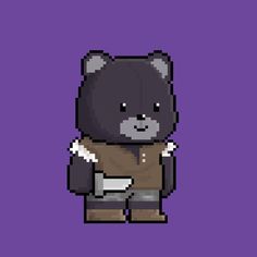 a pixellated image of a teddy bear holding something in his hands and wearing a sweater