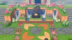 Acnh Temple Design, Animal Crossing Temple Design, Animal Crossing Fountain Ideas, Acnh Temple, Animal Crossing Zodiac Garden, Happy Home Designer, Inspiration Board Design