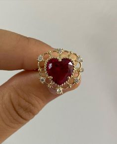 Natural Stone Ring, Red Rings Engagement, Ruby Red Aesthetic, Red Jewelry Aesthetic, Red Engagement Ring, Heart Rings, Garnet Heart, Garnet Engagement Ring, Fancy Jewelry Necklace