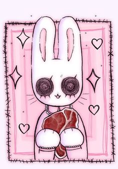 a drawing of a rabbit holding a piece of meat in it's lap with hearts