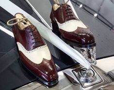 Luxury Brown and White Leather Wingtip Dress Shoes Mens Italian Shoes Navy Blue Dress Shoes, Mens Italian Dress Shoes, Blue Dress Shoes, Dress Shoes Mens, Mens Black Dress Shoes, Fringe Shoes, Italian Dress, Wingtip Shoes, Gentleman Shoes