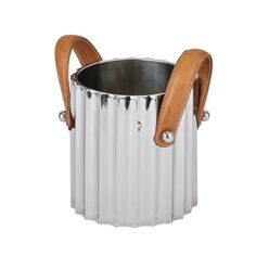 a silver and brown bucket with leather handles