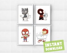 four bathroom art prints featuring spiderman, deadpool, and bathtub monsters on white tile