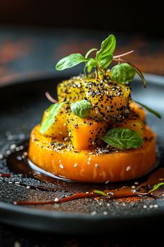 Gourmet dish of cubed squash garnished with microgreens and sesame seeds on a black plate. Healthy Food Photography Inspiration, Pumpkin Meals, Pumpkin Appetizers, Vegetables Dishes, Healthy Food Photography, Savory Pumpkin, Pumpkin Ravioli, Pumpkin Dishes, Pumpkin Curry