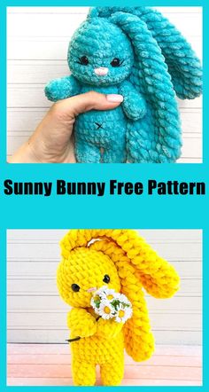 a crocheted bunny is shown with the words sunny bunny free pattern