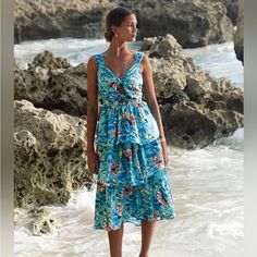 New Cleobella Imara Midi Dress In Calypso. Size Medium Bright Summer Dresses, Sustainable Wardrobe, Ankle Dress, Tiered Ruffle Skirt, Vacation Dresses, White Midi Dress, Inspired Dress, Ruffle Skirt, Black Midi Dress