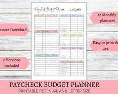 the printable pay check budget planner is shown on a wooden table with pink and white stripes