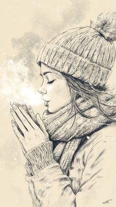 a drawing of a woman wearing a hat and scarf holding her hands together in prayer