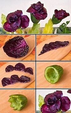 several pictures of different types of vegetables on a cutting board with leaves and flowers in them