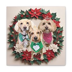 three dogs are sitting in a wreath with poinsettis