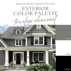 the exterior color palette for this house is gray and white with black trim, windows, and