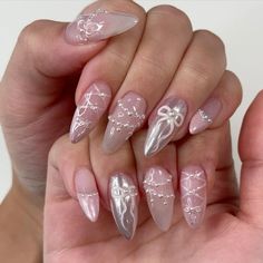 Cr. nailsby.tiff on ig Gel X Almond Nail Designs, Aethstetic Nails, Douyin Nails Almond, Coquette Nail Ideas, Korean Nail Designs, Coquette Nail, Korean Nail Art