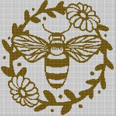 a cross stitch pattern with a bee surrounded by flowers