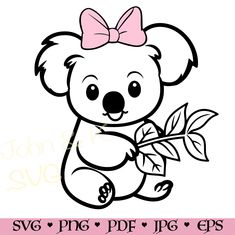 a cute koala bear with a pink bow on her head and holding a leaf