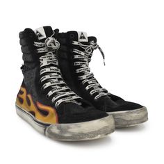 Palm Angels high-top sneakers in black suede with black distressed canvas. Features orange and red leather flame on the sides, white laces with black logo monogram, and zipper closure in silver hardware on the inner sides. The white rubber sole features purposeful distressing and wear. Brand = Palm Angels Condition = 8/10, Very good Size = Women's 39 EU Material = Canvas/Suede/Rubber Hardware = Silver SKU = 11329-18 Edgy High-top Sneakers With Vulcanized Sole For Streetwear, Urban High-top Custom Sneakers With Laces, Edgy High-top Sneakers With Rubber Sole For Streetwear, Edgy High-top Sneakers For Streetwear With Rubber Sole, Urban High-top Custom Sneakers With Studded Outsoles, Edgy High-top Sneakers With Contrast Sole, Edgy High-top Sneakers For Streetwear, Edgy High-top Sneakers With Vulcanized Sole, Edgy Black High-top Sneakers For Streetwear