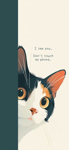 a black and white cat peeking out from behind a wall with the words i see you don't touch my phone