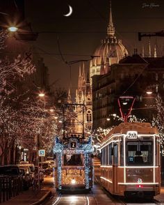 a trolley car is traveling down the street in front of some buildings with christmas lights on it