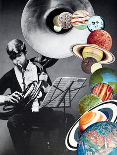 a man playing a trumpet in front of an image of planets and solar system with music instruments