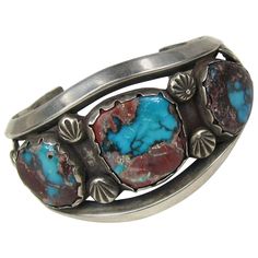 Three stone Turquoise & Brown Matrix Old pawn Cuff. Measure approximately 1.60 in wide down to .70 in. Opening 1.52 in. Will fit a 6.5 to 7.5 wrist Hallmarked on the inside RHY. This is out of a massive collection of Hopi, Zuni, Navajo, Southwestern, sterling silver, (costume jewelry that was not worn) and fine jewelry from one collector. Be sure to check our store front for more fabulous pieces from this collection. We have been selling this collection on 1st dibs since 2013. You can Follow us Authentic Turquoise Jewelry, Vintage Cuff Bracelet, Silver Turquoise Jewelry, Turquoise Jewelry Native American, Antique Bracelets, Turquoise Bracelet Cuff, Navajo Turquoise, Gold Bracelet Cuff, Turquoise Cuff