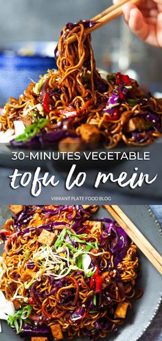 a plate with noodles and vegetables on it, the title says 30 minutes vegetable tofu la new