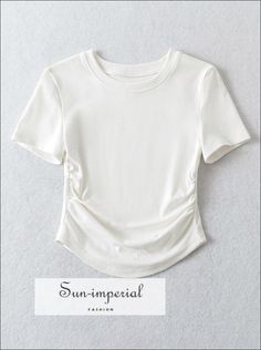 Women’s Round Neck Short Sleeve Cotton Solid Basic T-shirt Top With Ruched Sides Detail BASIC Summer Ruched Short Sleeve Tops, Casual Ruched Short Sleeve T-shirt, Trendy Ruched Summer T-shirt, Trendy Ruched T-shirt For Summer, Cotton Ruched Short Sleeve T-shirt, Casual Ruched Cotton T-shirt, Ruched Crew Neck T-shirt For Summer, Summer Ruched Crew Neck Top, Casual Ruched Crew Neck Top