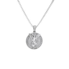 Centenario Angel of Independence and Liberty round Medallion Necklace, Made with pure sterling silver 925 and cubic zirconia clear crystals on the front surface of the pendant. This centenario Angel pendant is 1.4 inches (35 mm) in diameter and 1.8 inches (47 mm) including bail. This beautiful centenario pendant shows clearly the angelical powerful righteousness of the angel of independence and liberty frame with crystal to add brilliance and shine to this magnificent medallion , This amazing ne Cubic Zirconia Medallion Jewelry With Diamond Accents, Medallion Jewelry With Diamond Accents In Cubic Zirconia, Silver Diamond Medallion Jewelry, Diamond Medallion Silver Jewelry, White Gold Cubic Zirconia Medallion Jewelry, Silver Medallion Diamond Necklace Gift, Silver Medallion Diamond Necklace For Gift, Sterling Silver Medallion With Diamond Cut, Silver Diamond Necklace With 17 Jewels