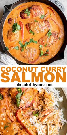 coconut curry salmon in a skillet with rice and garnish