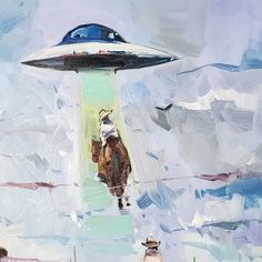 a painting of two people riding horses and an alien flying saucer in the sky